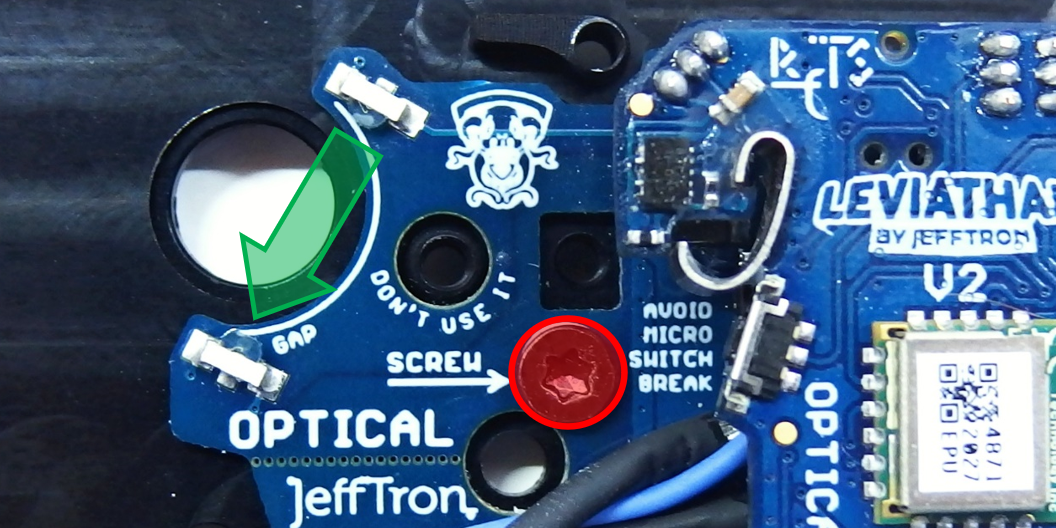 Jefftron Leviathan V2 Optical gear sensor area showing optical detection point and screw location on circuit board