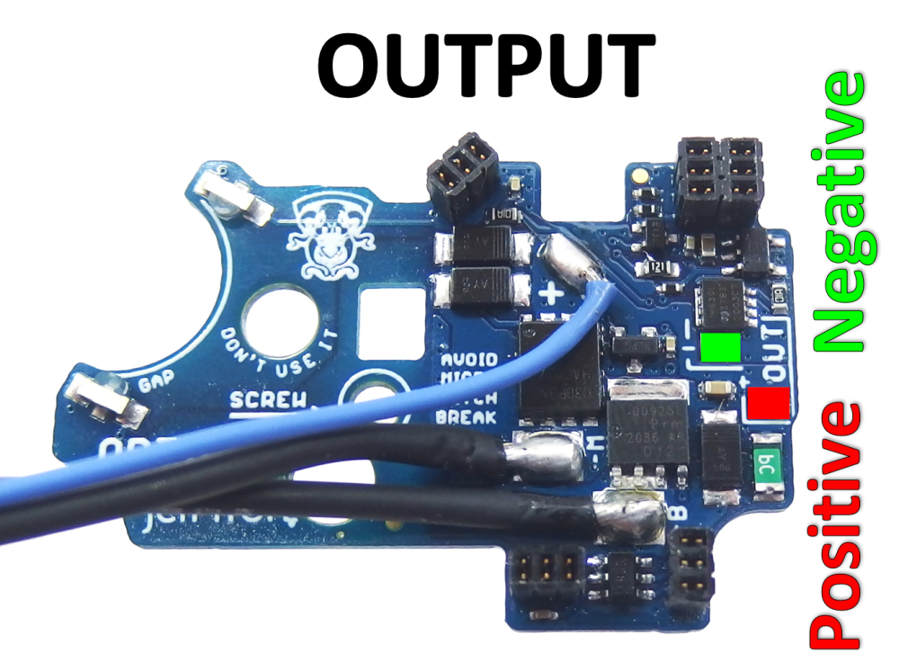 Jefftron Leviathan V2 Optical MOSFET output terminals showing positive and negative wiring connections