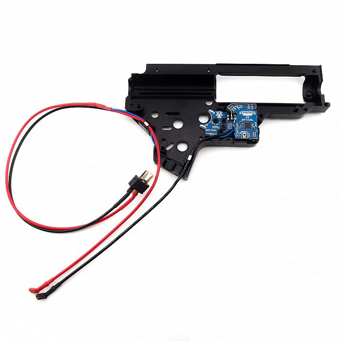 Jefftron Leviathan V2 Optical rear wired MOSFET installed in V2 gearbox shell with wiring harness and connectors visible