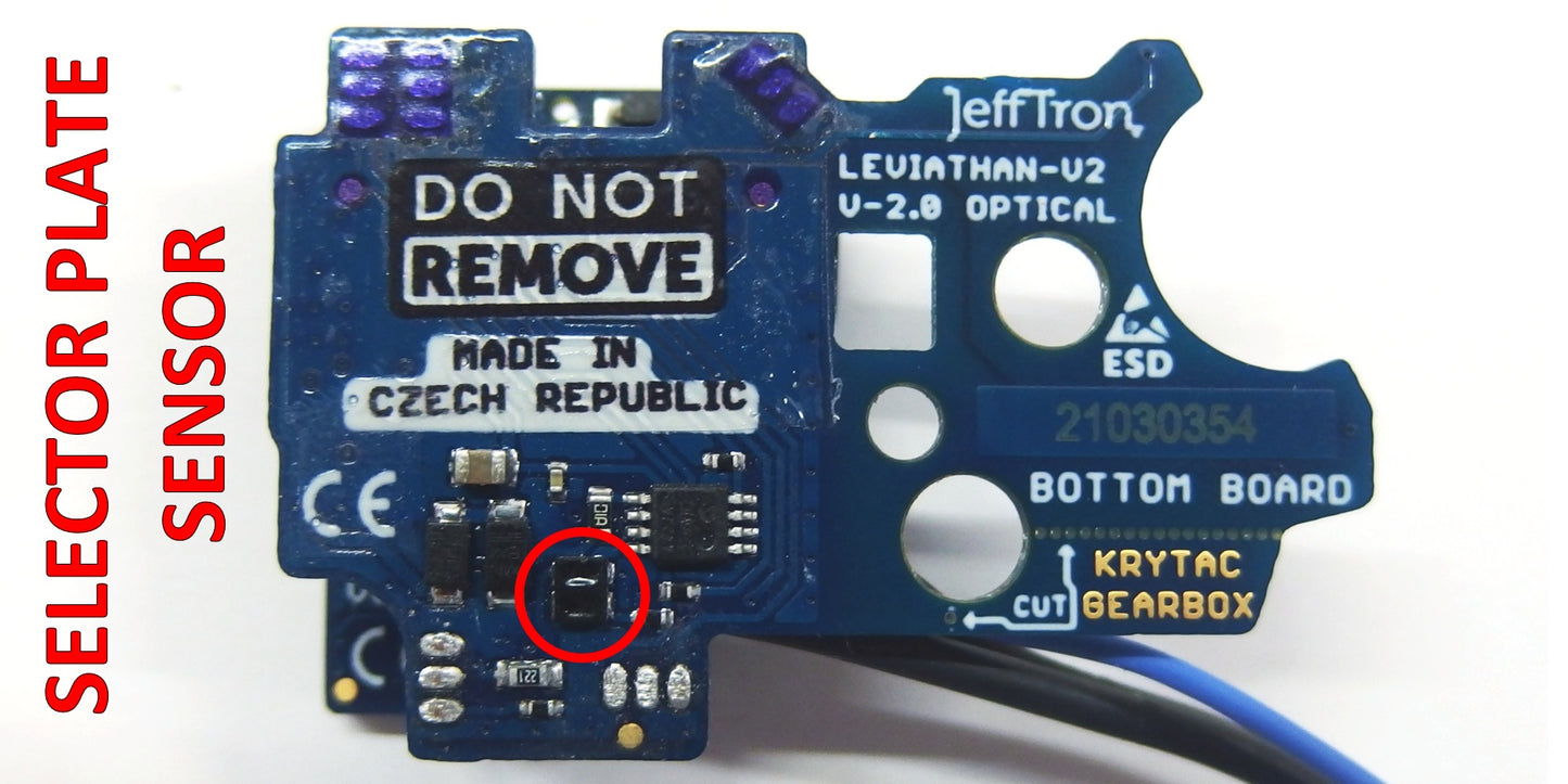 Jefftron Leviathan V2 Optical selector plate sensor location highlighted on bottom board for gearbox installation