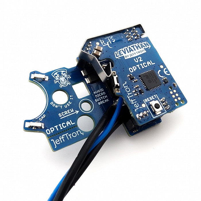 Jefftron Leviathan V2 Optical ETU showing trigger board and rear control board assembly with wiring harness on white background