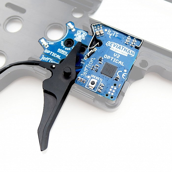 Jefftron Leviathan V2 Optical trigger board installed in V2 gearbox shell with trigger and optical sensor unit visible