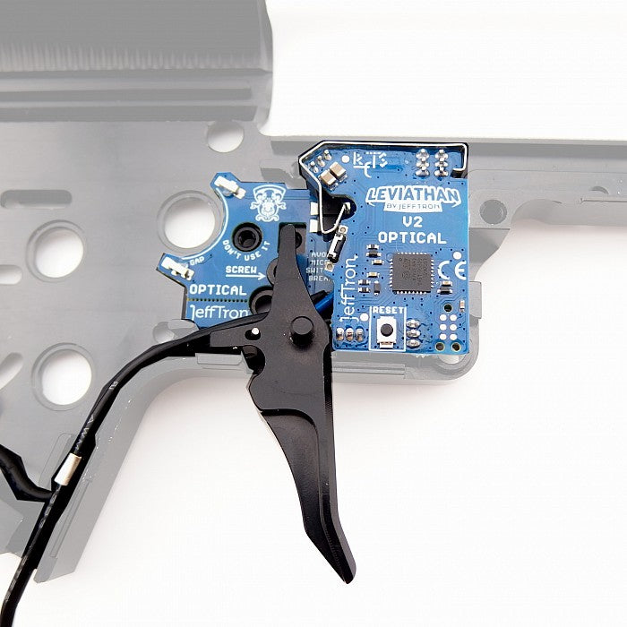 Jefftron Leviathan V2 Optical MOSFET installed in V2 gearbox with trigger assembly for AEG setup demonstration