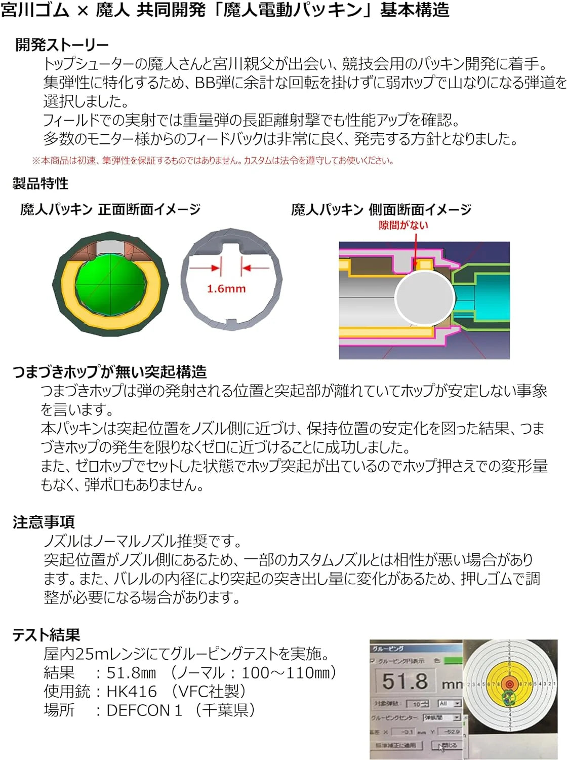 A Japanese technical sheet showing the 1.6mm internal contact geometry, airtight nozzle interface profile, and a target test grouping printout for the Miyagawa Rubber Majin packing.