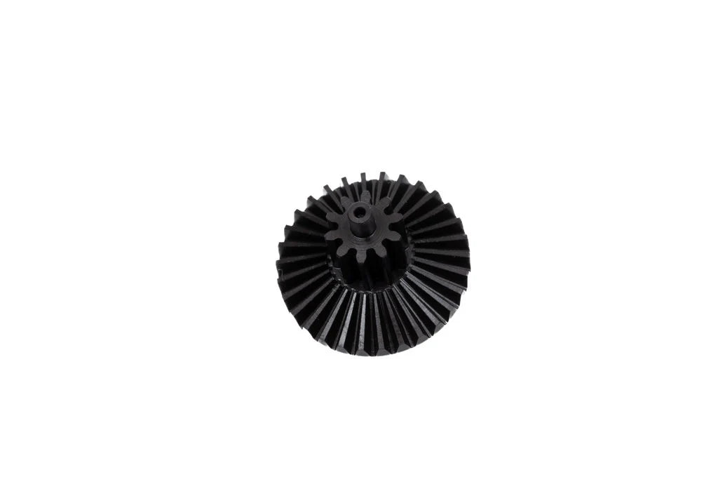 Top-down view of the black SPARK Extreme Bevel Gear Kai by AIRSOFT97 showing the central spur gear teeth and surrounding umbrella bevel teeth isolated on a clean white background.