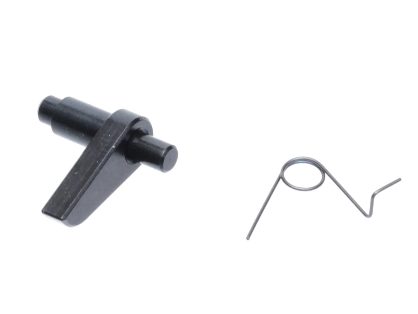 The individual components of the SPARK Extreme Latch & Latch Master Set by AIRSOFT97, displaying the black high-strength steel alloy anti-reversal latch next to its heavy-duty torsion spring on a clean white background.
