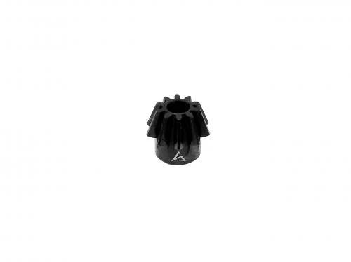 Top angled view of the black SPARK Hard Pinion Gear O-Type by AIRSOFT97, showcasing the laser-engraved logo on the base side and clean tooth geometry on a white background.